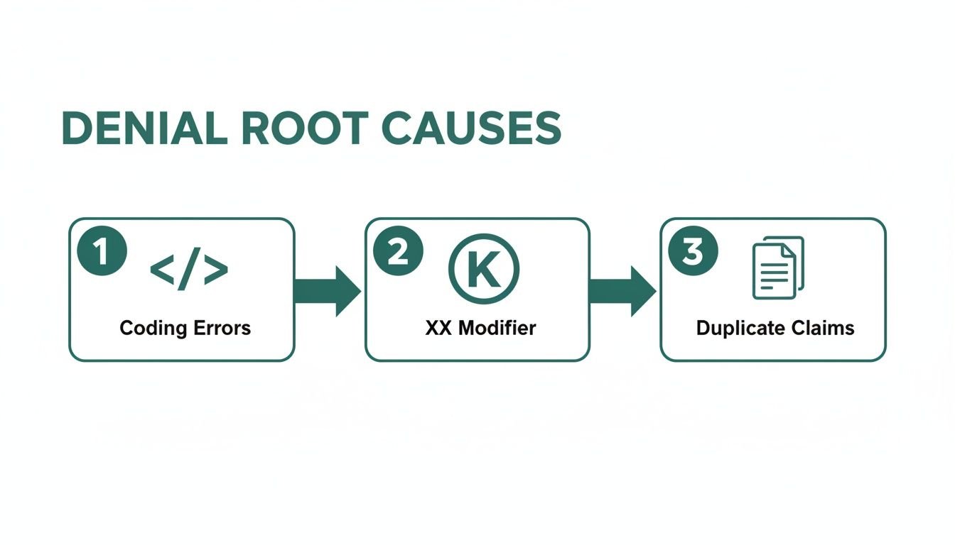 Flowchart showing three denial root causes: coding errors, XX modifier, and duplicate claims.