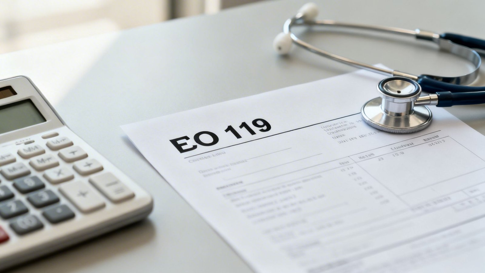 A calculator, a document with 'EO 119', and a stethoscope on a light desk, suggesting medical billing.