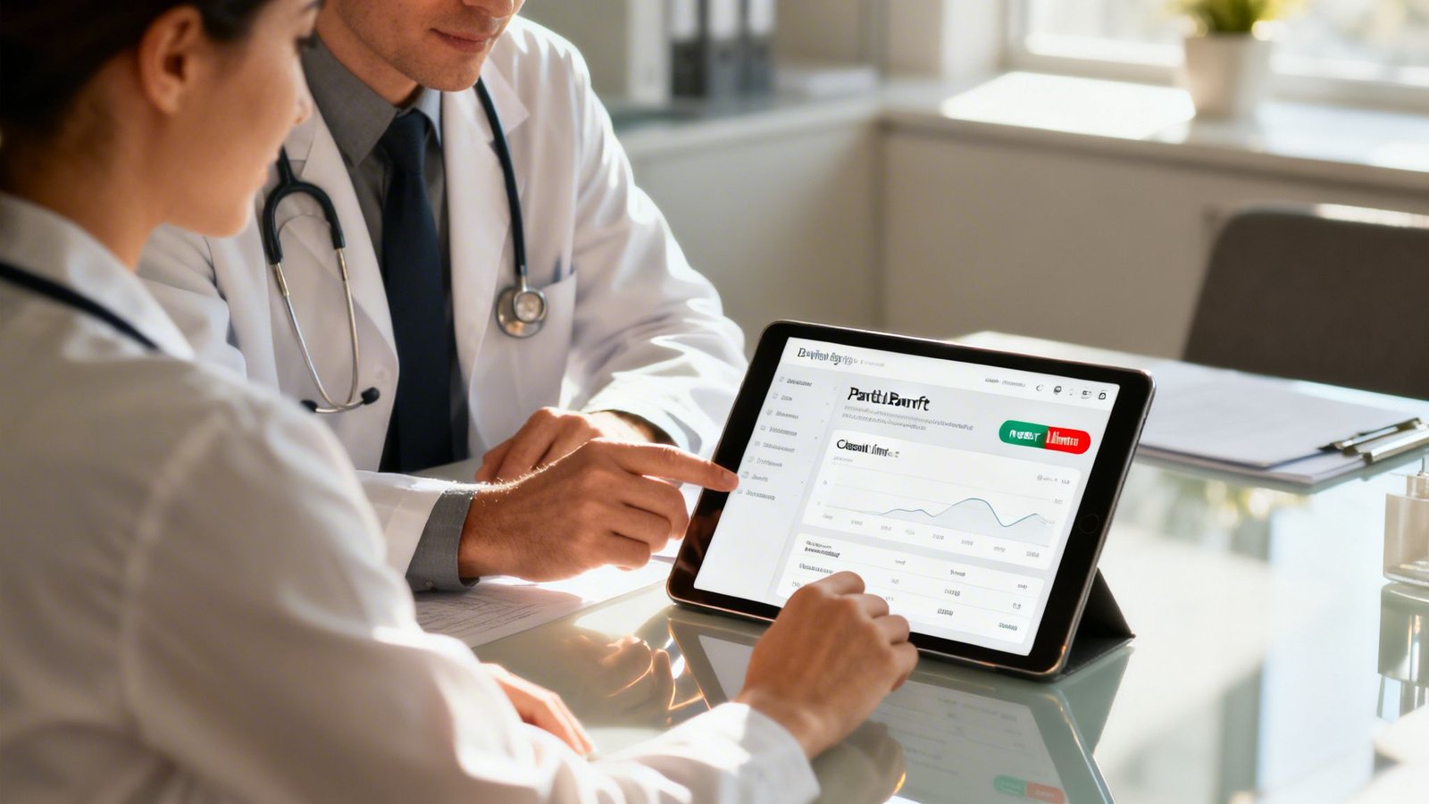 Two doctors in white coats reviewing patient data and charts on a digital tablet.