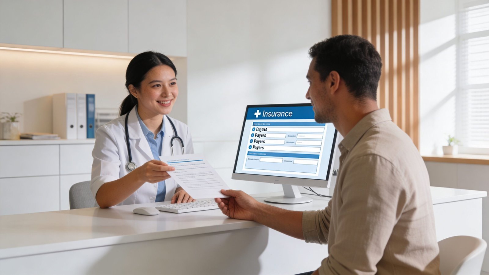 A friendly female doctor handing a medical document to a male patient in a modern office clinic.