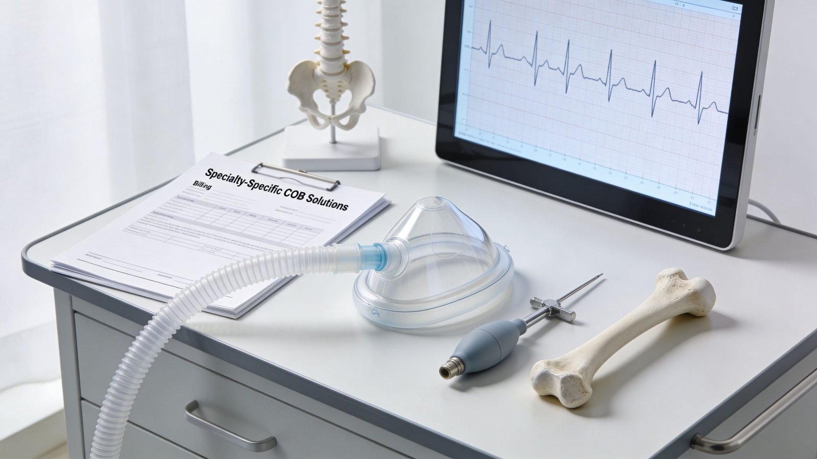 Medical office table with a clipboard, oxygen mask, monitor displaying heart rate, and anatomical bone models.