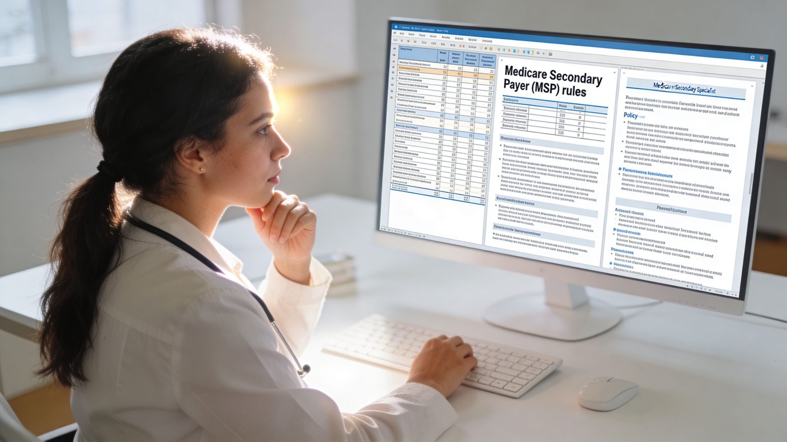 A female healthcare professional reviewing Medicare Secondary Payer insurance billing rules on a desktop computer screen.