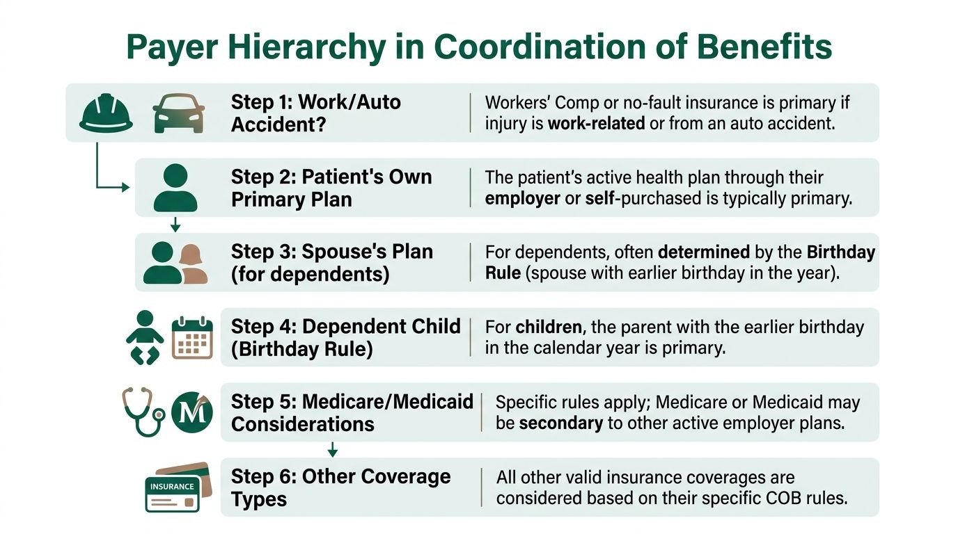 A flow chart illustrating the six steps of the payer hierarchy for medical coordination of benefits.