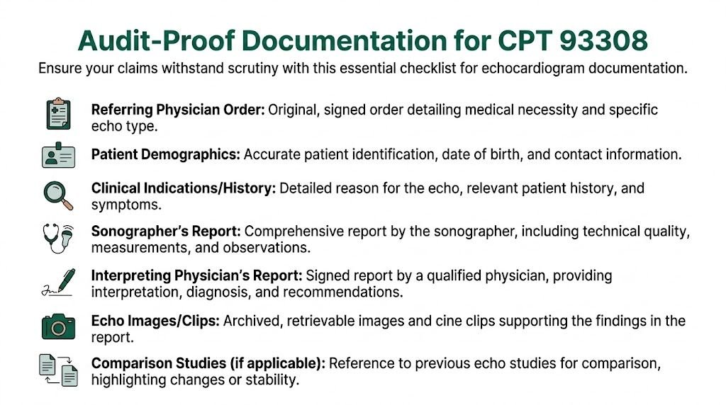 A checklist infographic detailing the necessary documentation to ensure audit-proof medical billing for CPT code 93308.