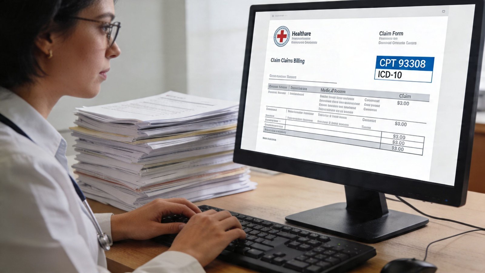 A female healthcare professional reviewing a digital medical claim form on a computer monitor at her desk.