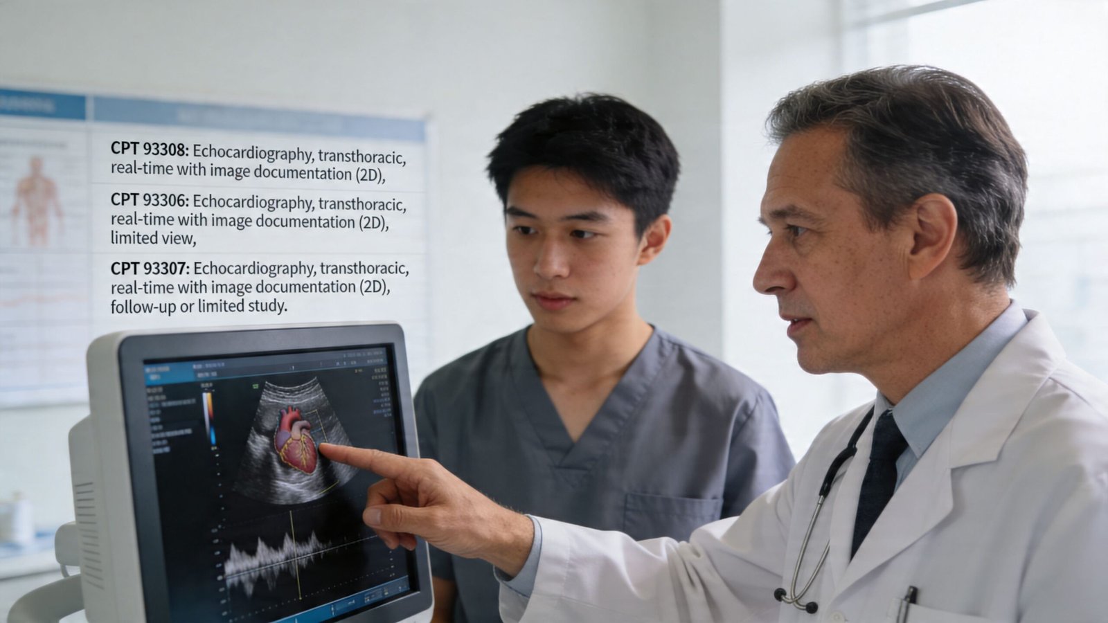 A doctor explaining echocardiogram results to a medical student in a clinical training setting.