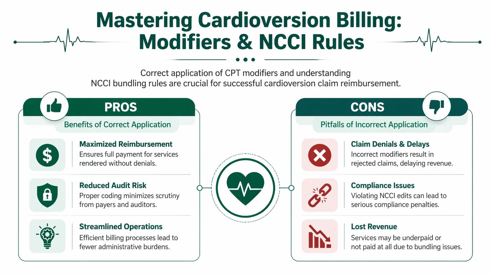 An infographic detailing the pros and cons of mastering cardioversion billing, modifiers, and NCCI coding rules.