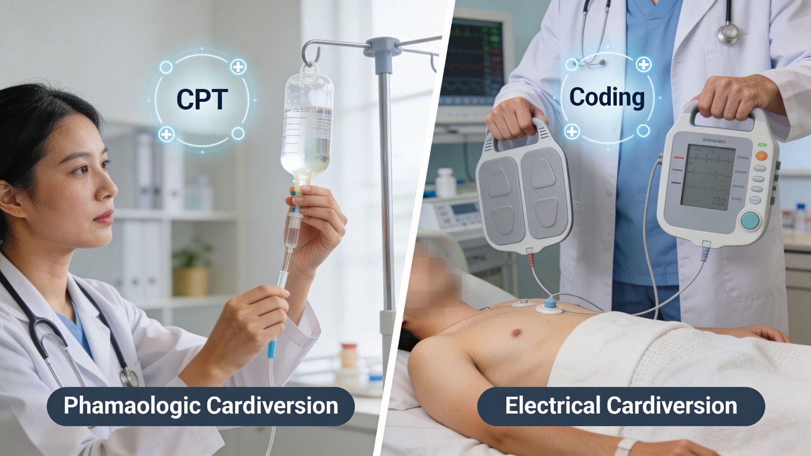 A split-screen comparison showing a nurse preparing IV medication and a doctor performing electrical cardioversion on a patient.