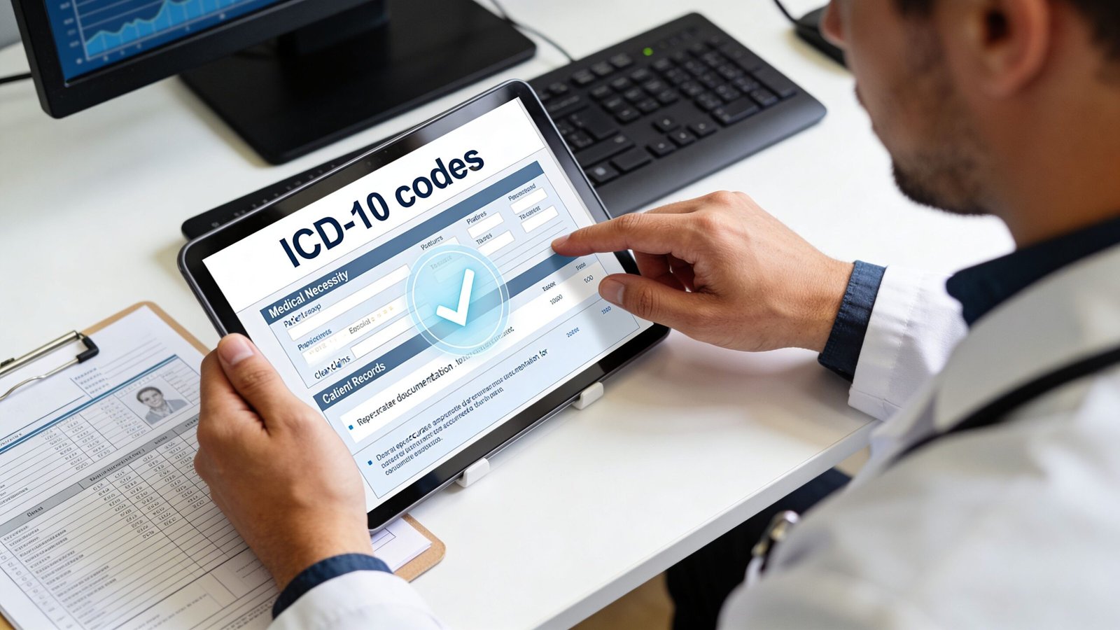 A healthcare professional using a digital tablet to review ICD-10 medical coding documentation in an office.