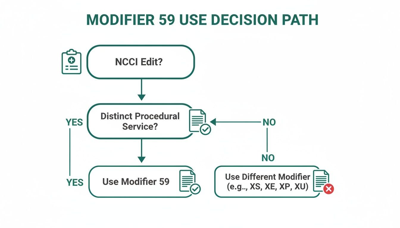 Flowchart illustrating the decision path for using CPT Modifier 59, including NCCI edits and distinct services.