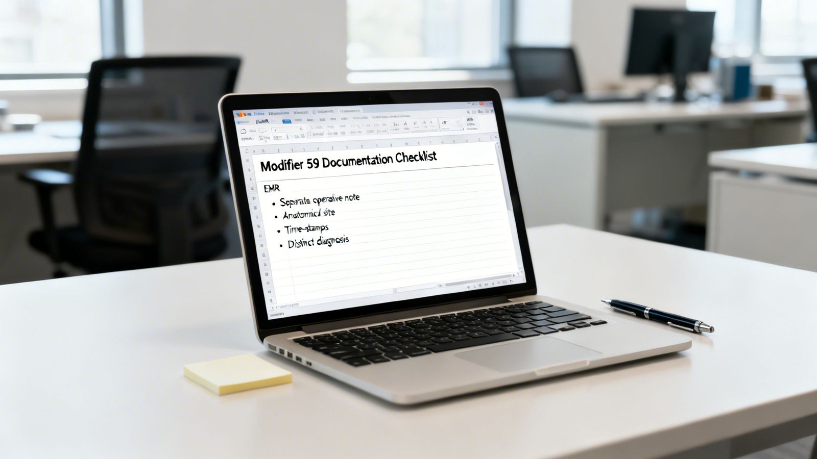 A laptop on a white desk displays a Modifier 59 Documentation Checklist in an office.