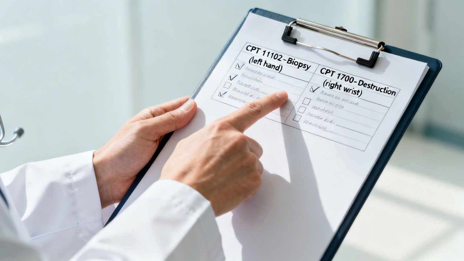 Doctor's hands pointing at a medical clipboard showing CPT codes for biopsy and destruction procedures.