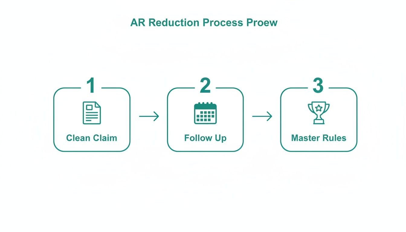 A visual process flow outlining three steps for AR reduction: clean claim, follow up, and master rules.