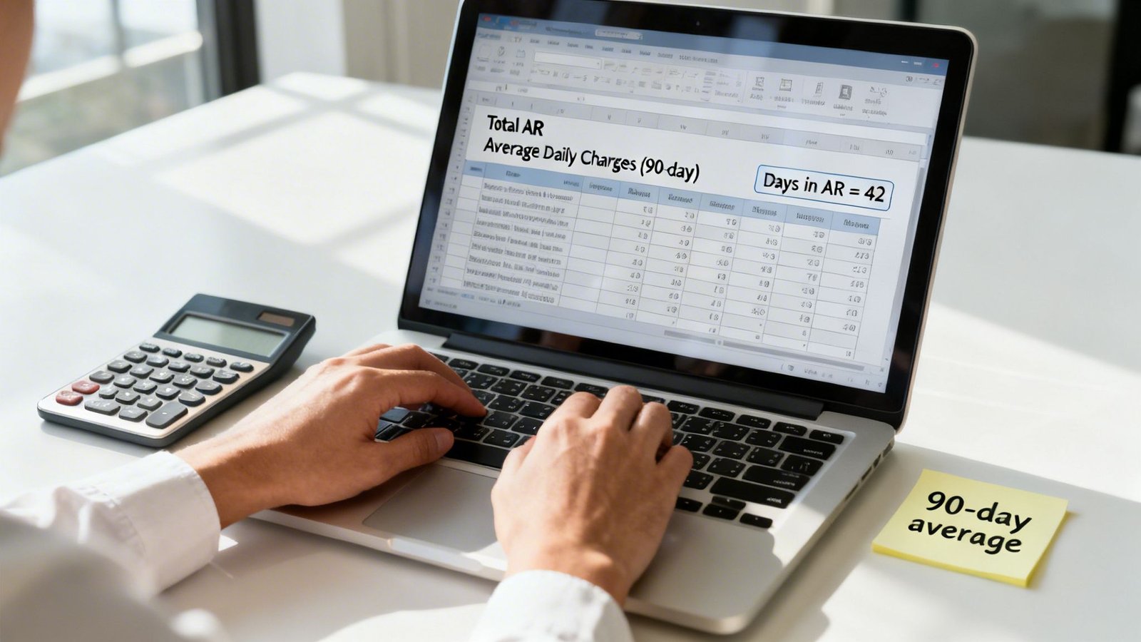 A person works on a laptop showing a spreadsheet with financial data, a calculator, and a '90-day average' sticky note.