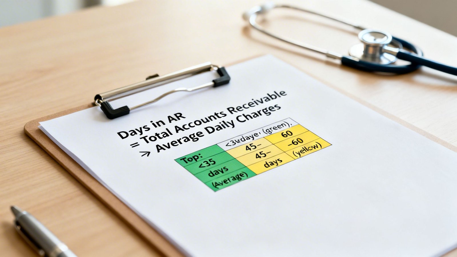 A document calculating Days in Accounts Receivable with a color-coded performance table on a clipboard, next to a stethoscope and pen.