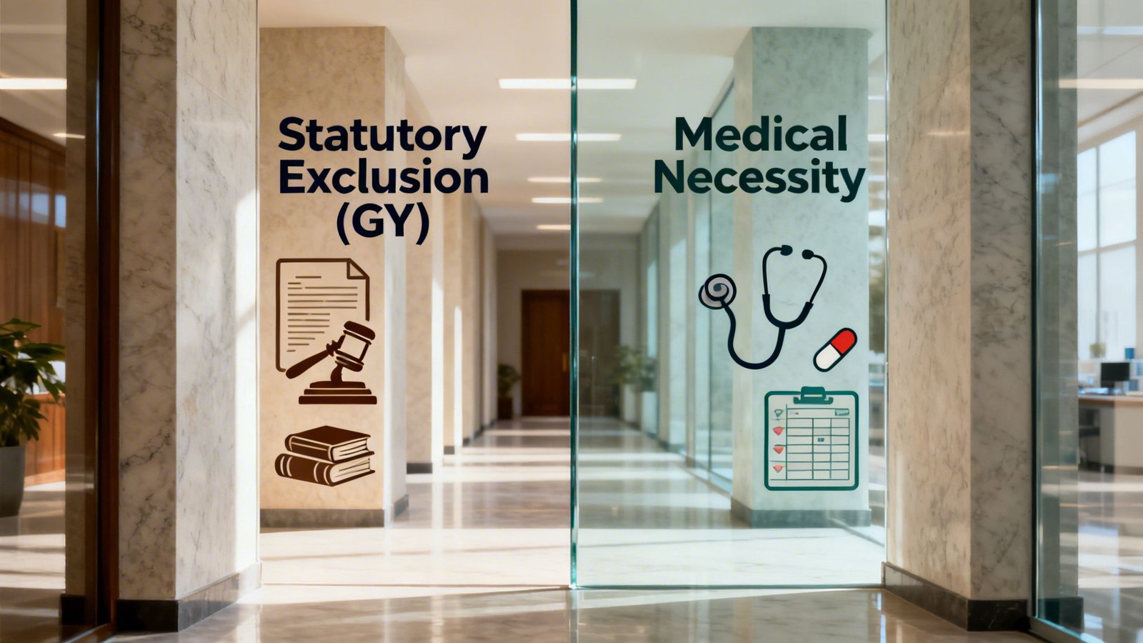 A conceptual office interior image comparing Statutory Exclusion GY modifier and Medical Necessity concepts with icons.