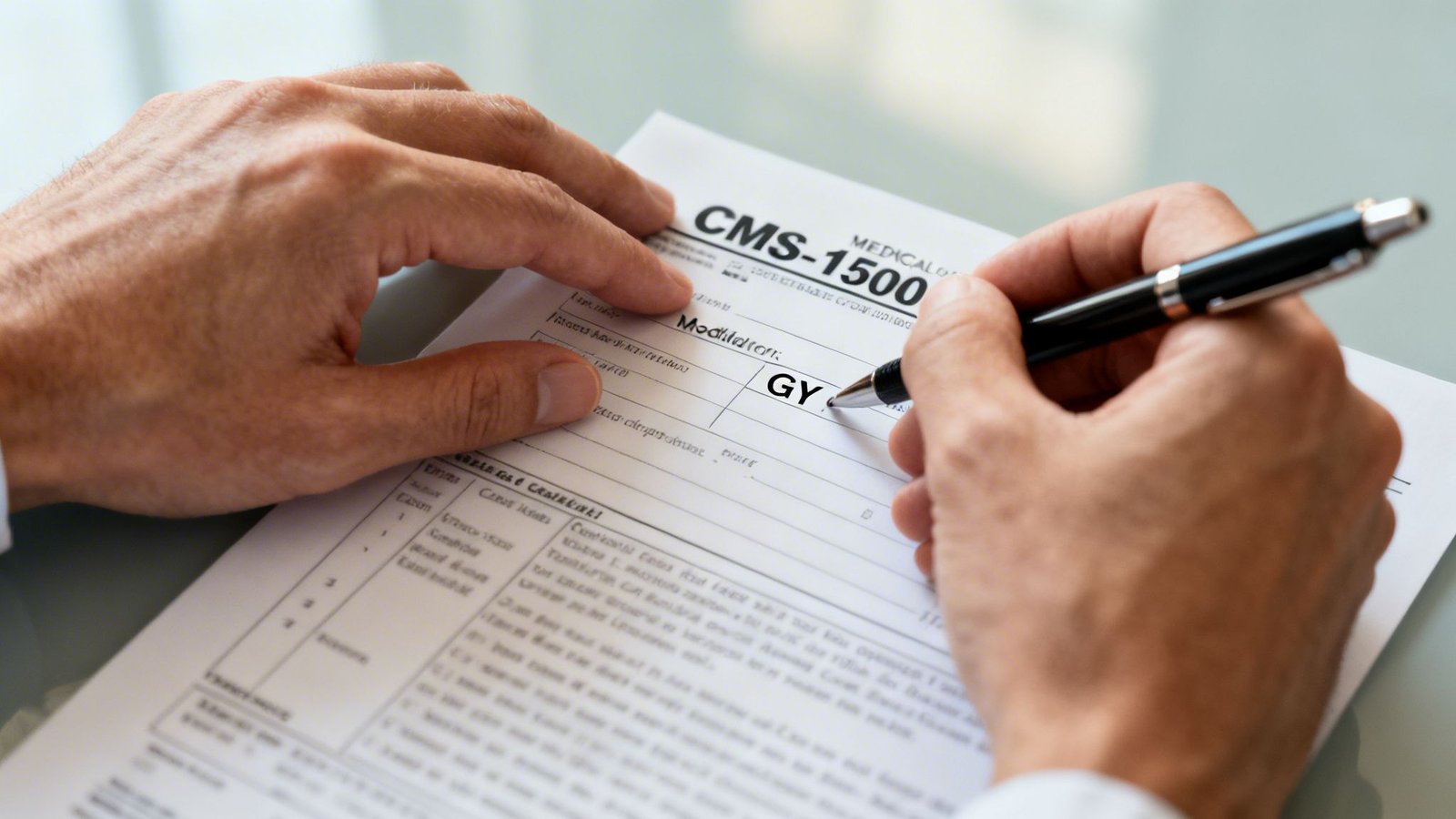 A professional filling out a CMS-1500 medical claim form while writing the GY modifier with a pen.