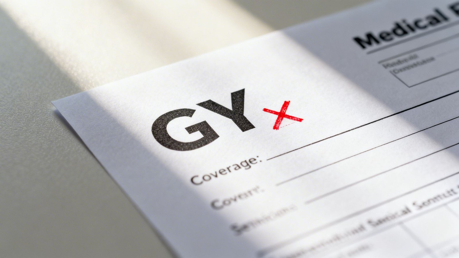 A close-up of a medical form showing the GY modifier with a red cross mark beside it.