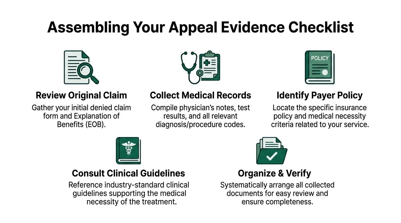 An infographic checklist guiding users through the steps to assemble evidence for a denied insurance claim appeal.
