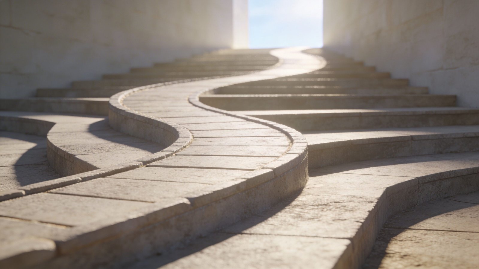 A majestic stone staircase winding upward toward a bright, sunlit entrance, symbolizing progress and overcoming obstacles.