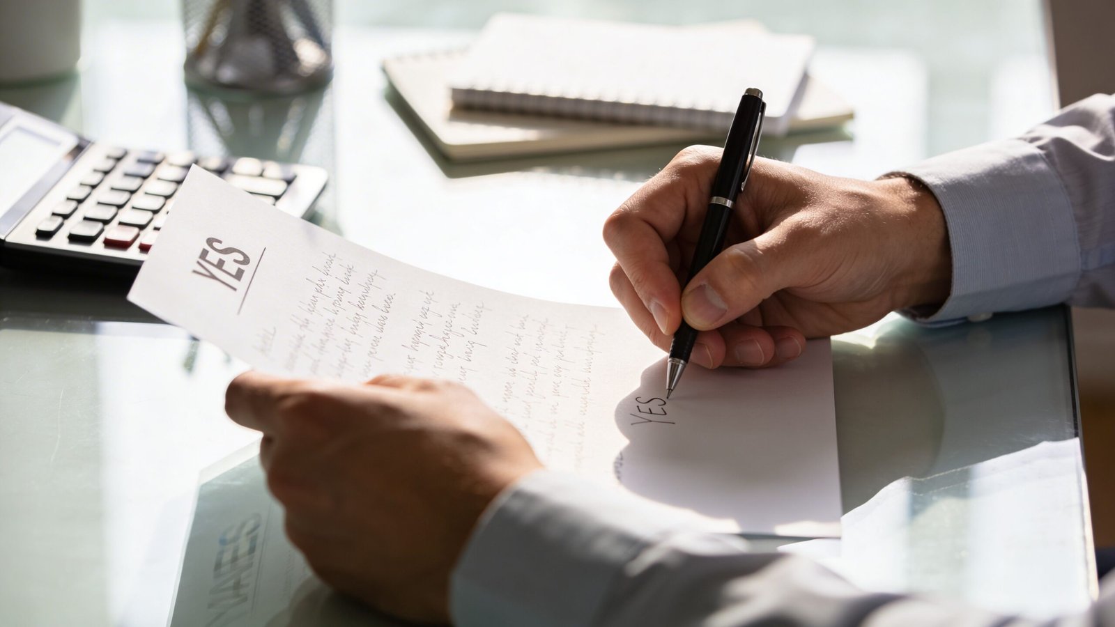 A professional writing the word yes on a paper document at a bright, cluttered office desk.