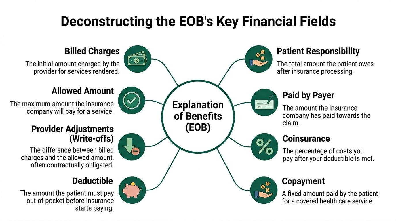 A diagram explaining key financial terms found on a health insurance Explanation of Benefits document.