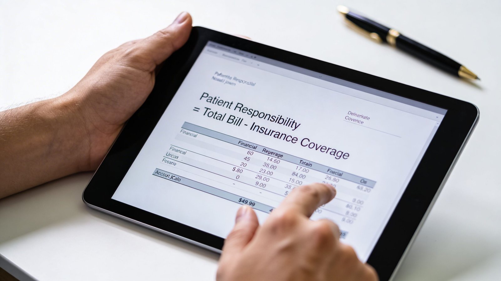 A person reviewing a digital medical financial statement on a tablet screen, illustrating insurance coverage calculations.