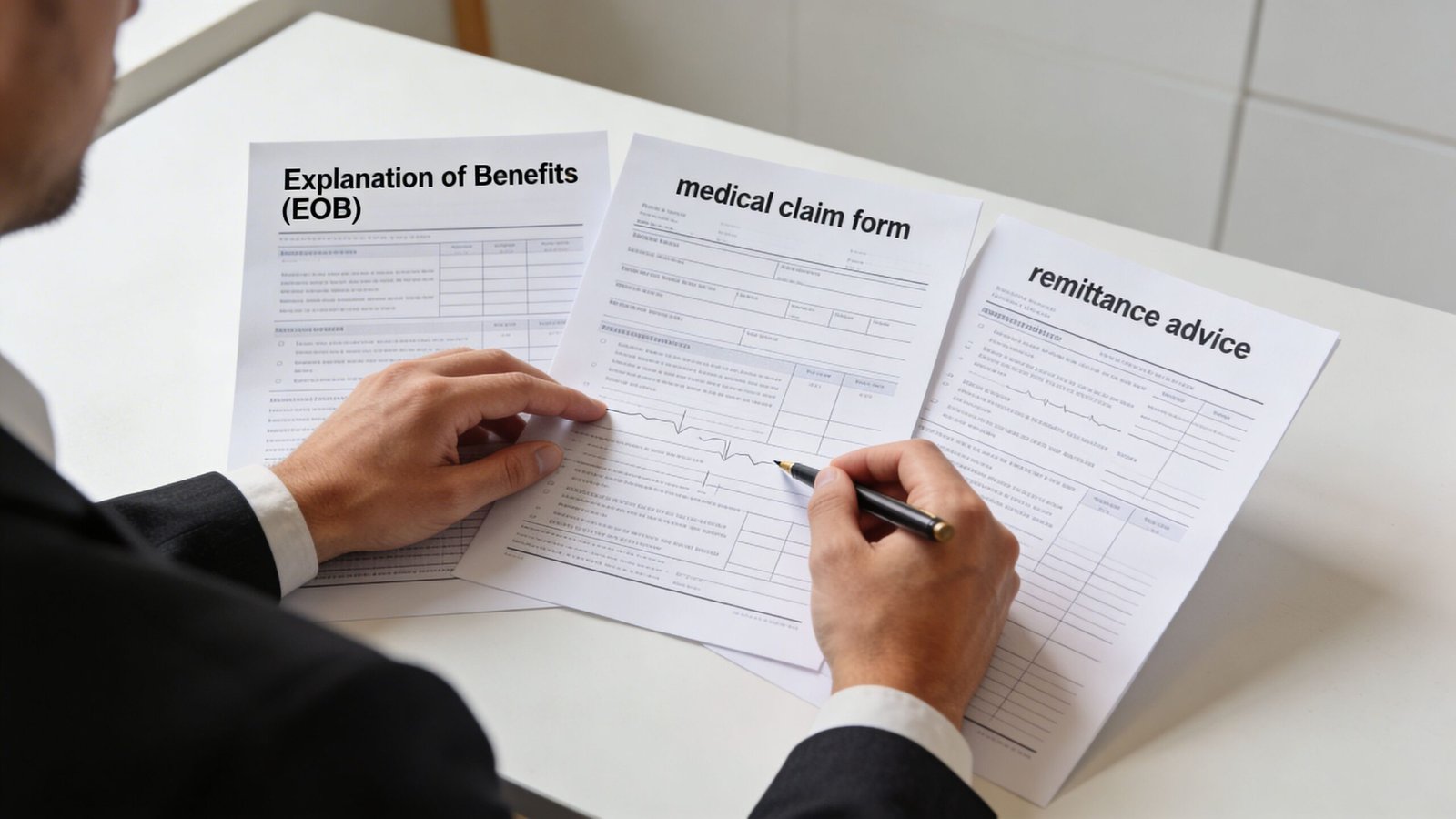 A professional in a suit reviewing medical claim documents including an explanation of benefits and remittance advice.