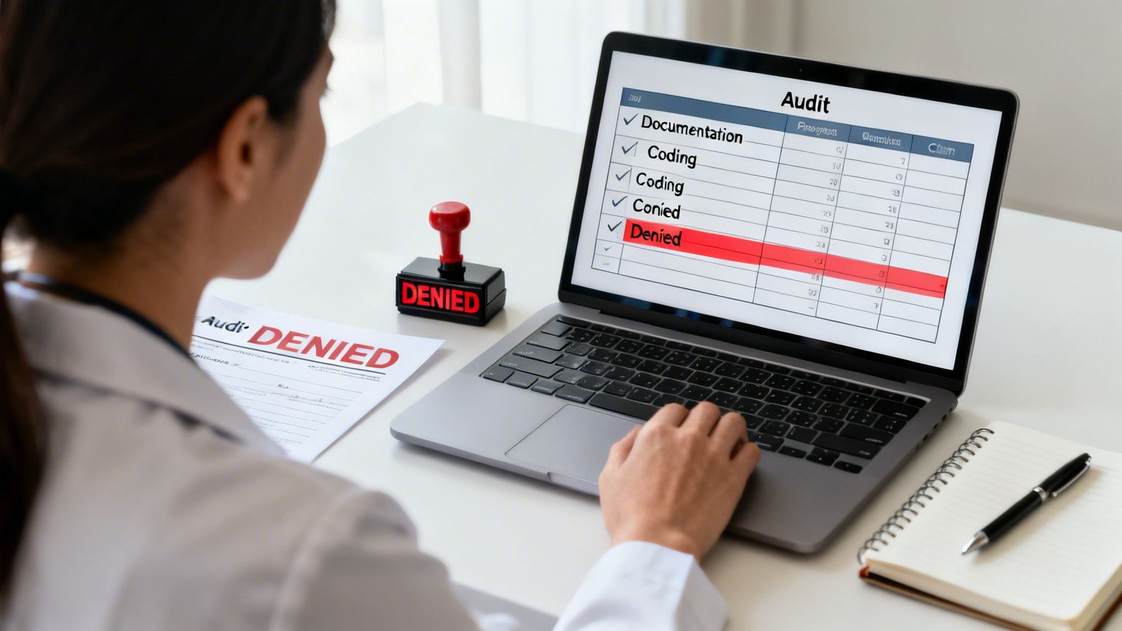 Doctor reviews audit report on laptop with 'DENIED' stamp, indicating claim rejection.