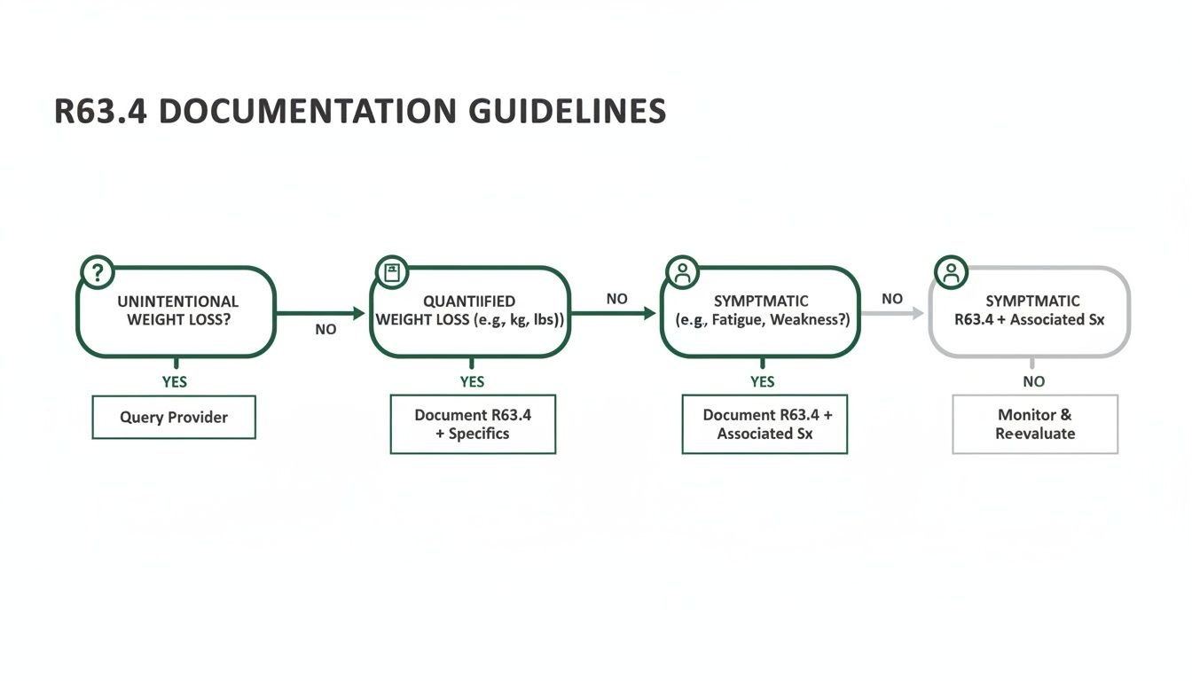 Flowchart detailing R63.4 documentation guidelines for unintentional weight loss and associated symptoms.
