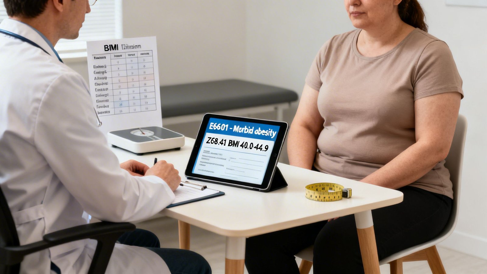 Doctor discusses morbid obesity and BMI with an overweight patient during a medical consultation.