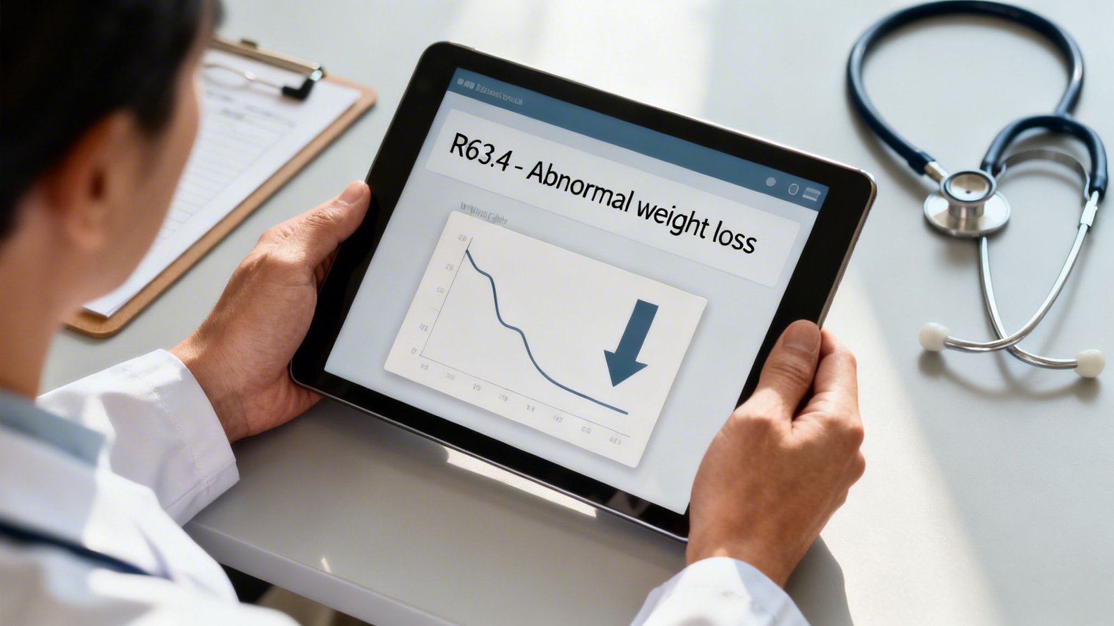 A doctor holds a tablet showing 'R63.4 - Abnormal weight loss' with a graph indicating a significant weight decrease.