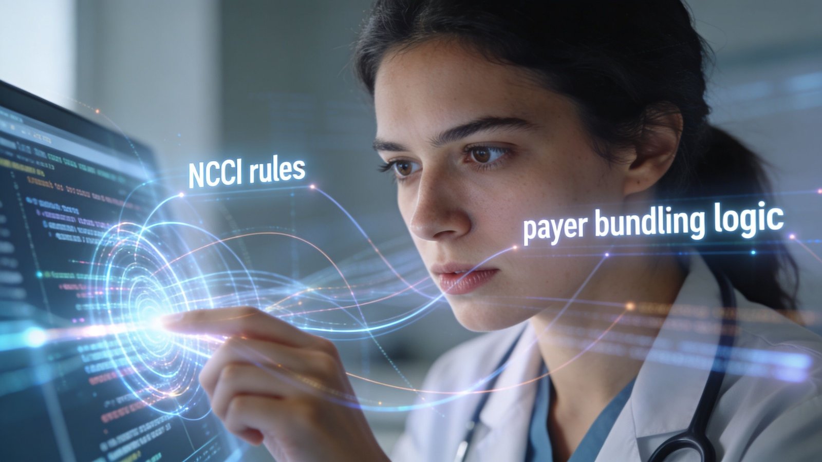 A female doctor interactively analyzing medical billing rules and payer bundling logic on a digital interface.
