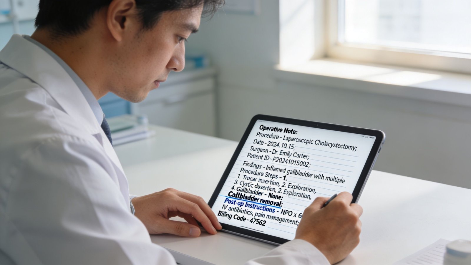 A doctor reviews digital medical notes on a tablet screen in a clinical office setting.