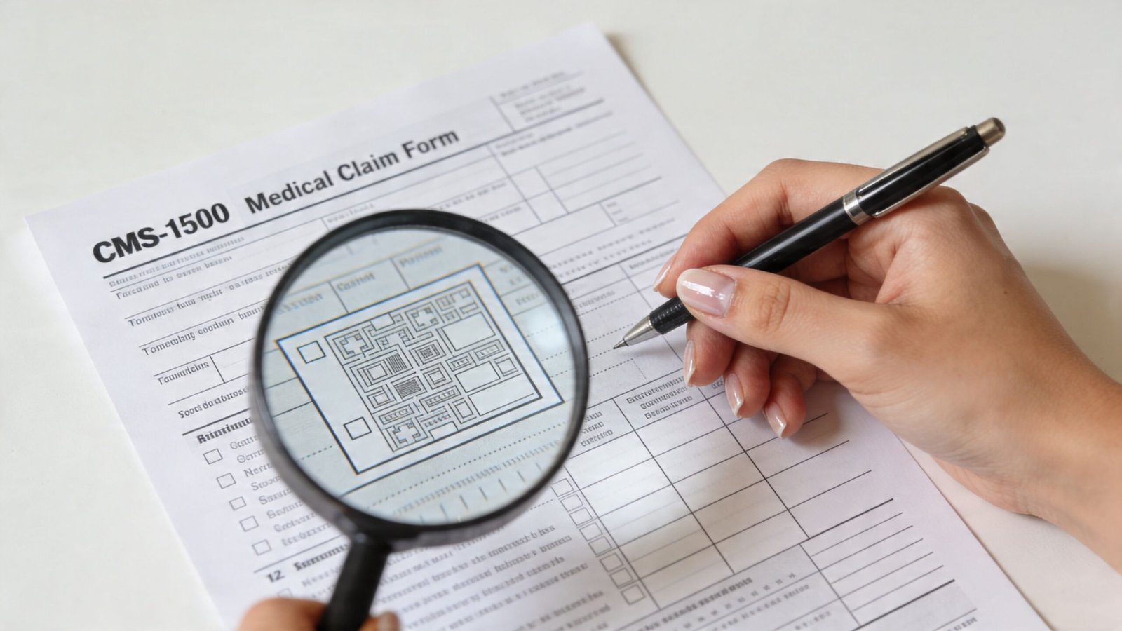 A hand holding a pen and a magnifying glass over a CMS-1500 medical claim form document.