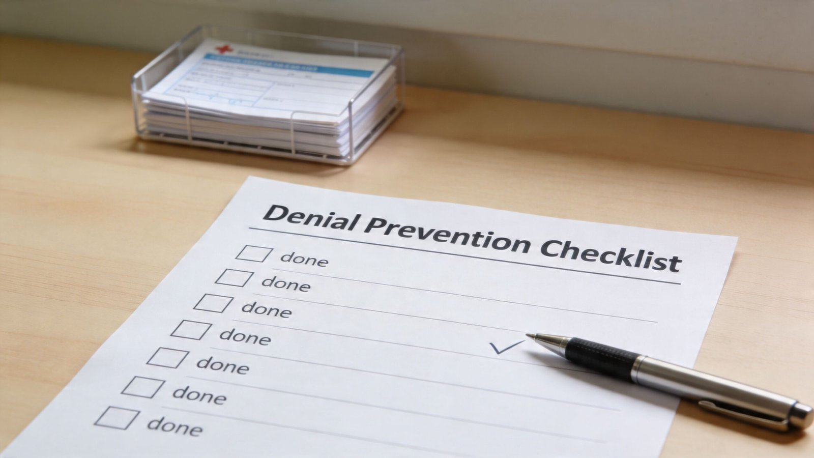 A checklist titled Denial Prevention Checklist with a pen and a stack of medical claim forms.