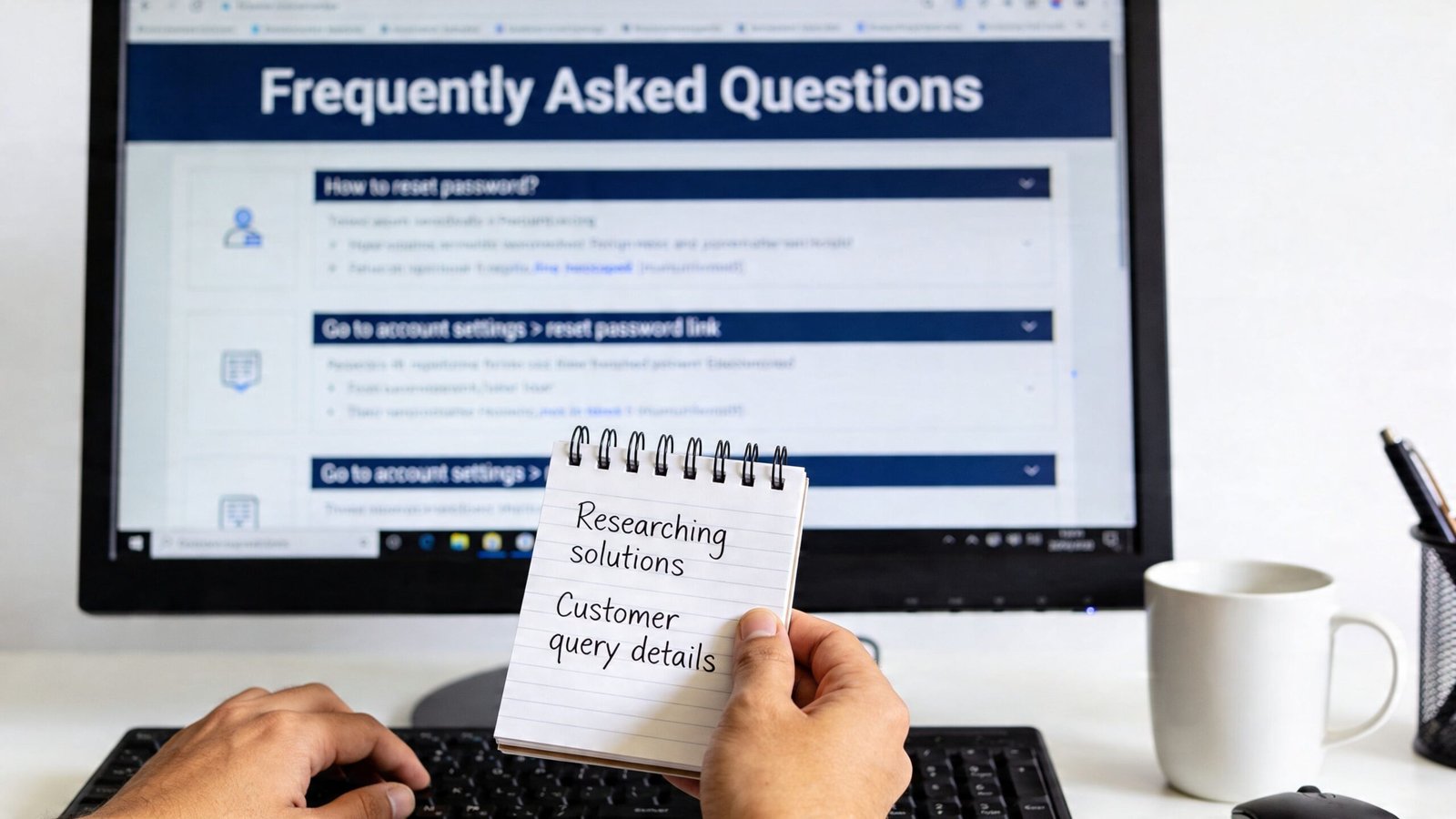 A person holding a notepad with research notes in front of a computer screen displaying frequently asked questions.