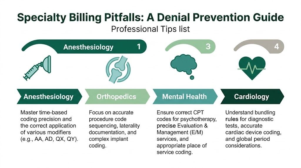 A professional infographic titled Specialty Billing Pitfalls illustrating key coding and documentation tips for four medical specialties.