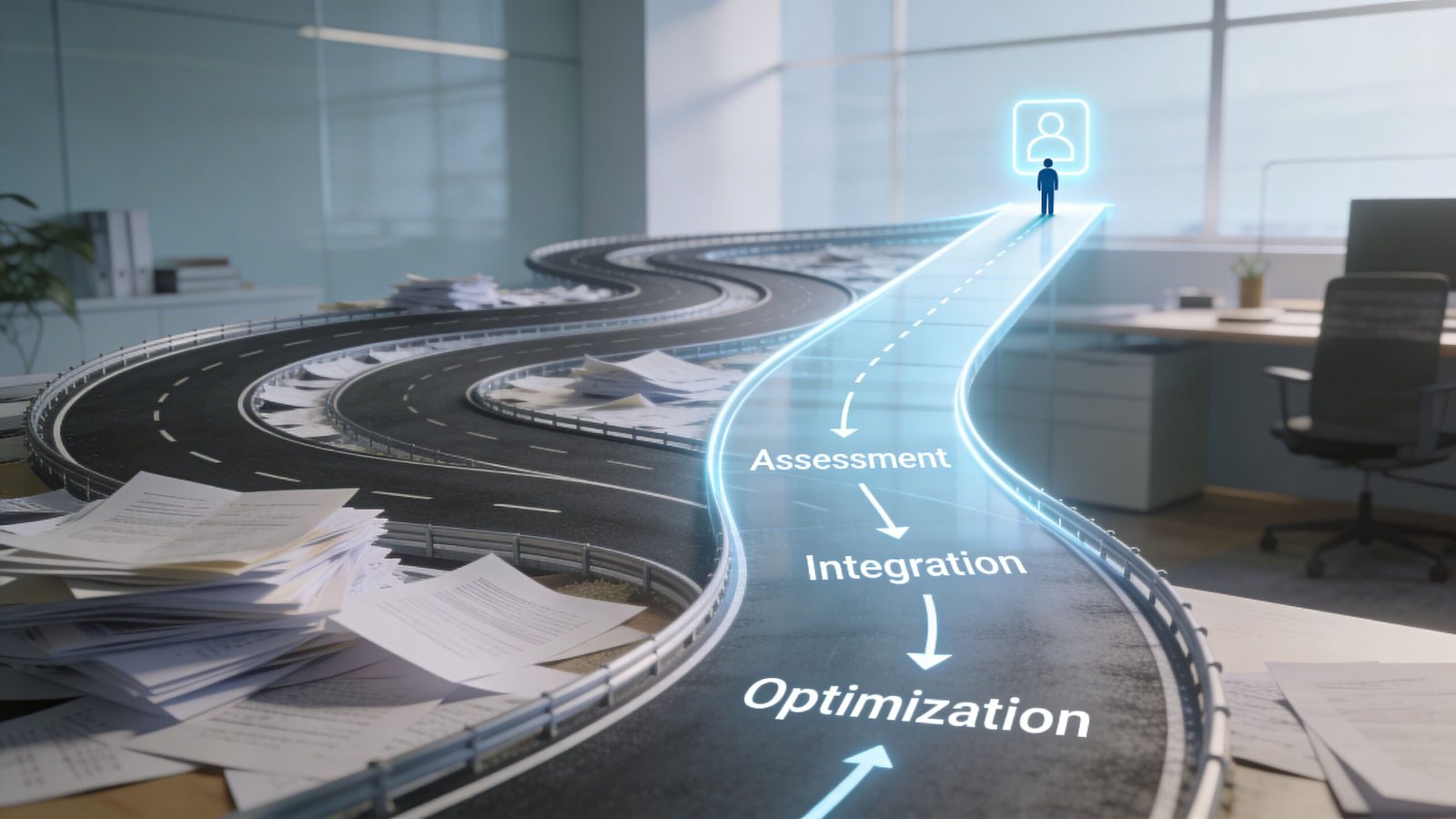 A digital road graphic on a cluttered office desk representing business workflow progression through assessment integration and optimization