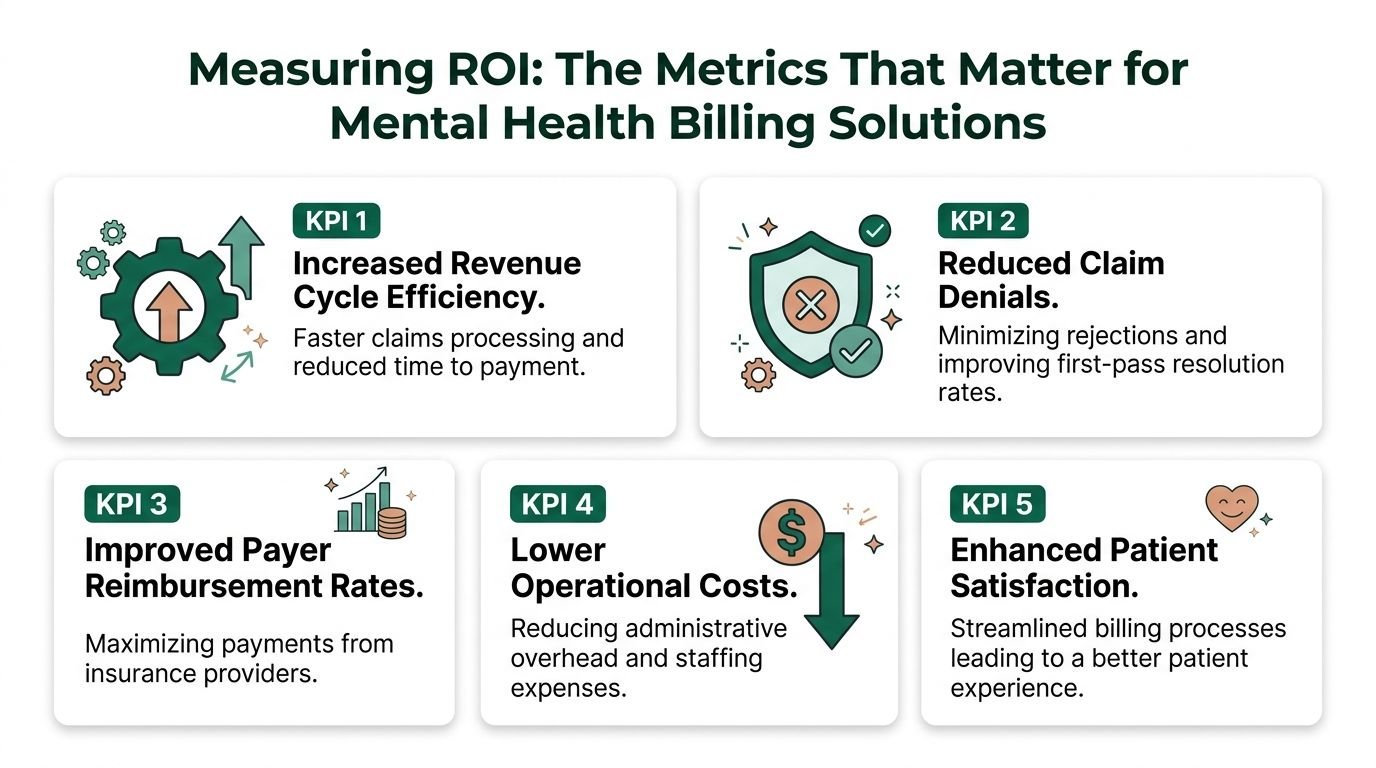 An infographic titled Measuring ROI highlighting five key performance indicators for efficient mental health billing solutions.