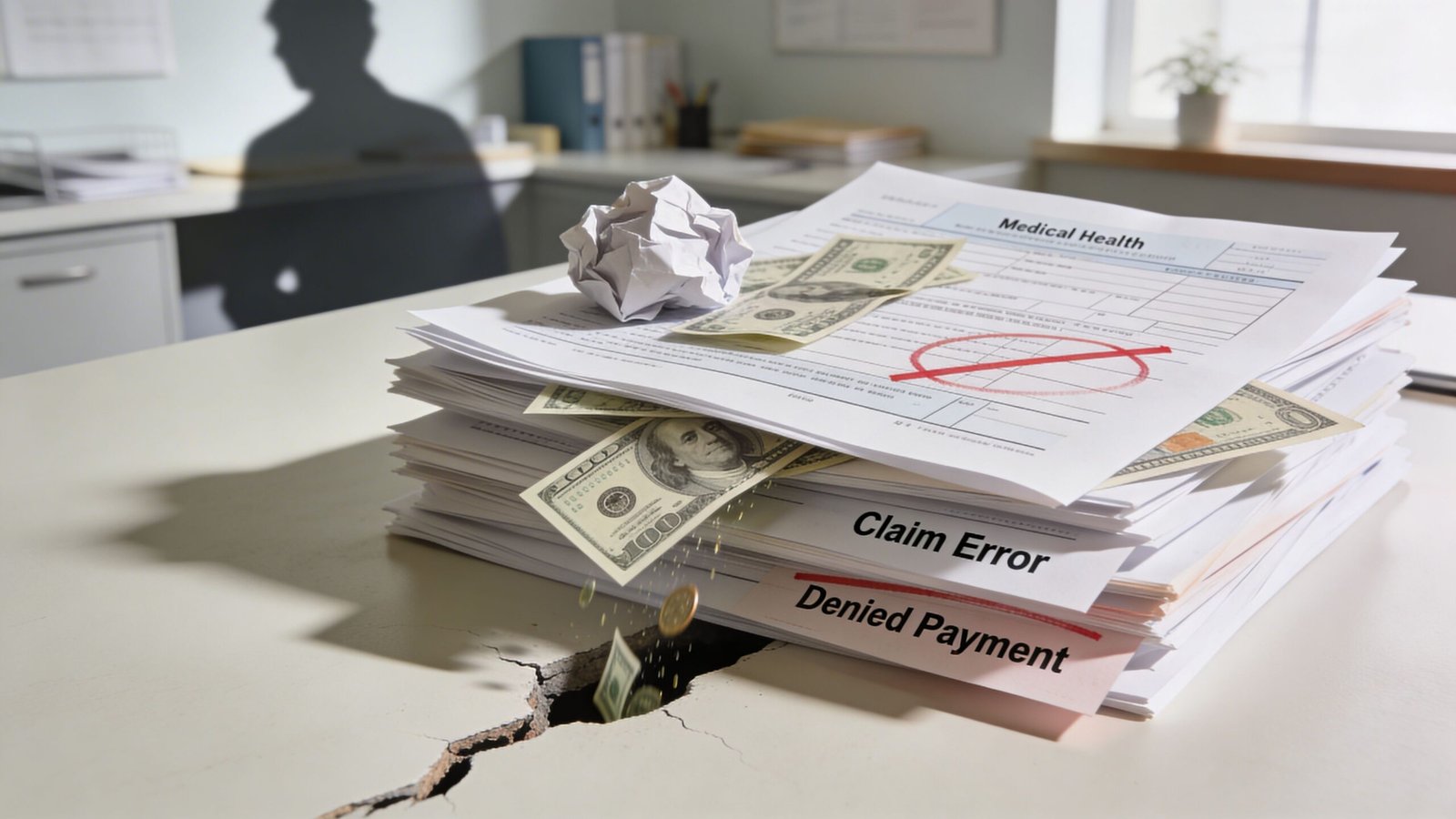 A stack of medical billing documents with a denied payment notice and money falling through a cracked desk.