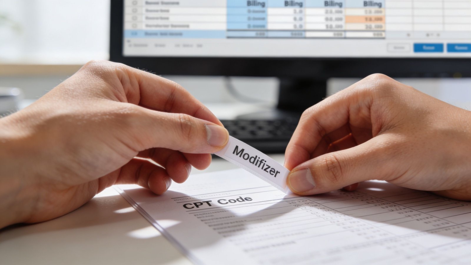 A professional holding a paper strip labeled Modifier over a CPT Code document at a desk.