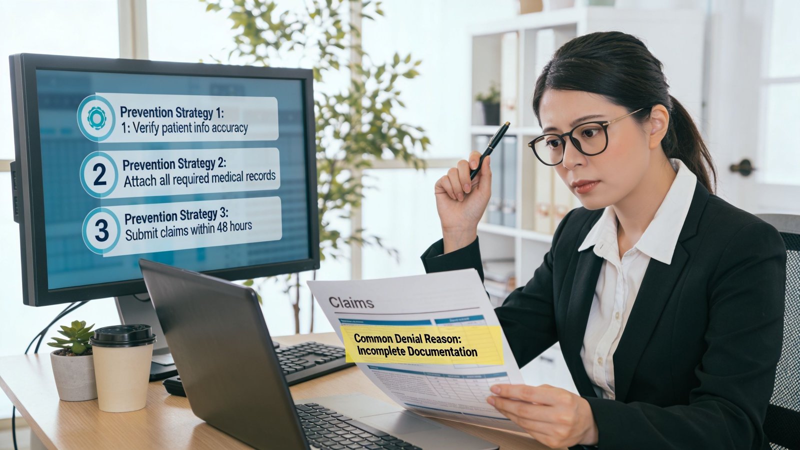 A professional woman in an office reviews medical claims documentation to prevent claim denials and errors.