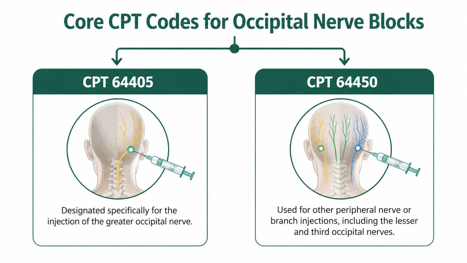 A chart illustrating the differences between CPT 64405 and CPT 64450 for occipital nerve block medical procedures.
