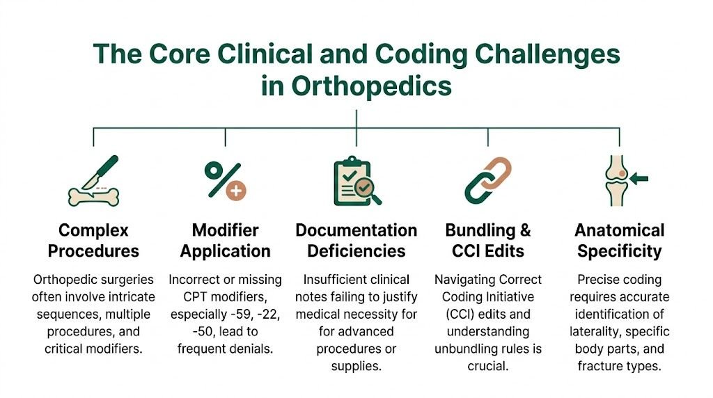 An infographic showing the five core clinical and coding challenges in orthopedic medical billing and documentation.