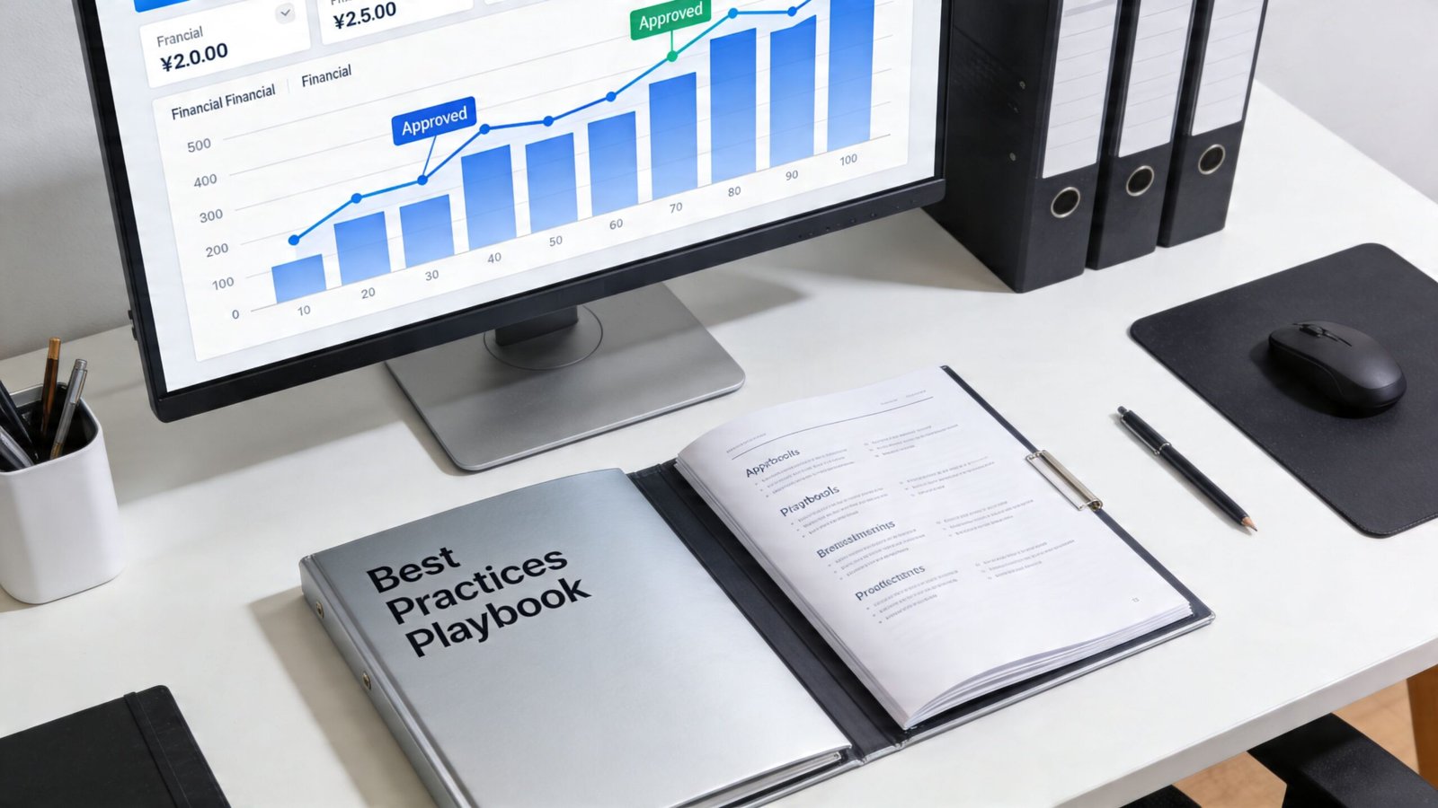 An office workspace with a monitor displaying a financial growth chart and a best practices playbook binder.