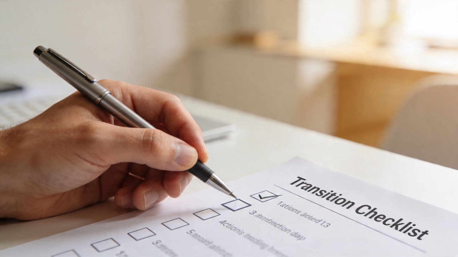 A professional holding a pen, marking a transition checklist on a white document on a desk.