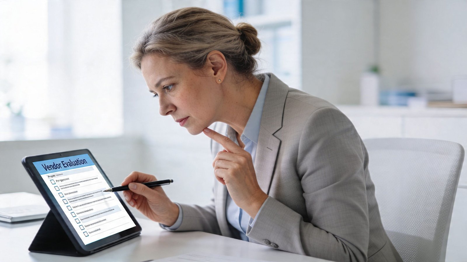 A businesswoman in a grey suit reviewing a digital vendor evaluation form on a tablet computer.