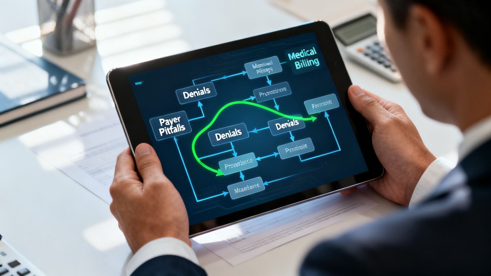A professional holding a tablet displaying a flow chart about medical billing processes and insurance claim denials.