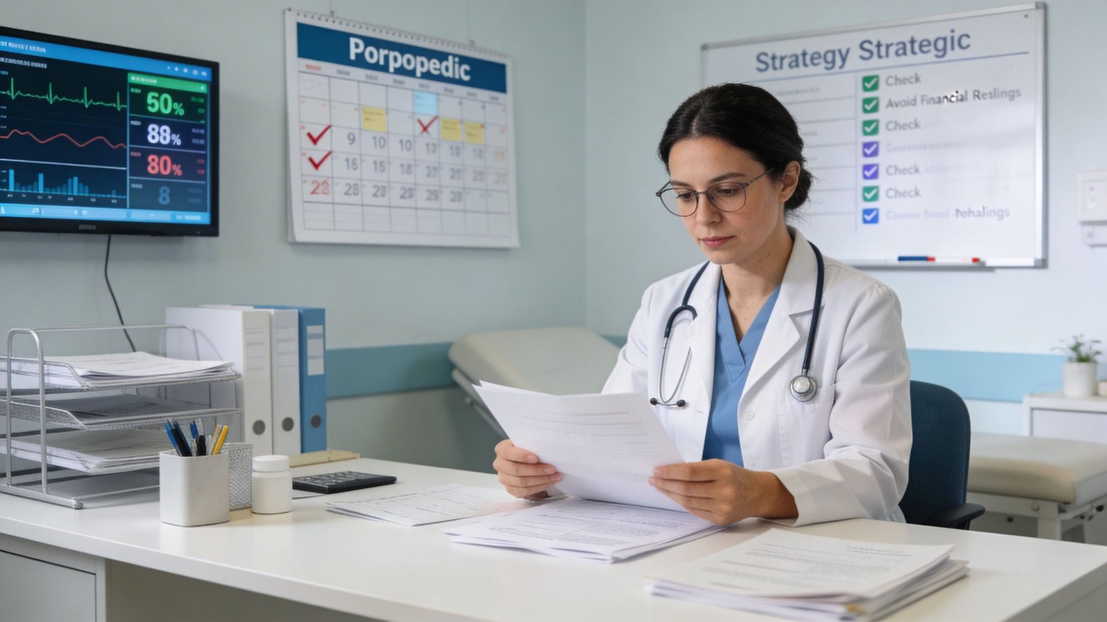 A professional female doctor with a stethoscope sits at her desk reviewing medical paperwork in an office.
